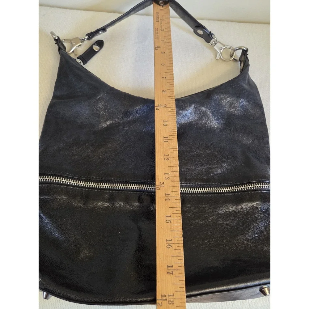HOBO International Joelle Purse Black Polished Leather Shoulder Bag Silver Hardw